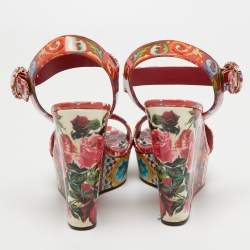 Pre Owned Dolce & Gabbana Multicolor Printed Leather Wedge Platform Ankle Strap Sandals Size 38