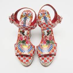Pre Owned Dolce & Gabbana Multicolor Printed Leather Wedge Platform Ankle Strap Sandals Size 38