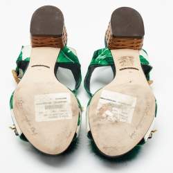 Pre Owned Dolce & Gabbana Green Printed Satin Banana Embellished T-Strap Sandals Size 36