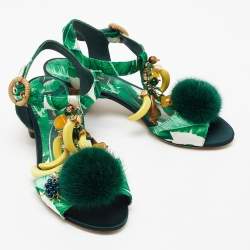 Pre Owned Dolce & Gabbana Green Printed Satin Banana Embellished T-Strap Sandals Size 36