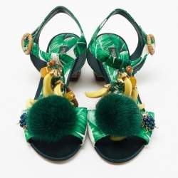 Pre Owned Dolce & Gabbana Green Printed Satin Banana Embellished T-Strap Sandals Size 36