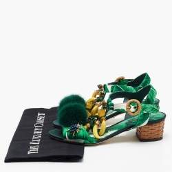 Pre Owned Dolce & Gabbana Green Printed Satin Banana Embellished T-Strap Sandals Size 36