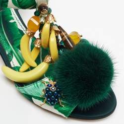 Pre Owned Dolce & Gabbana Green Printed Satin Banana Embellished T-Strap Sandals Size 36