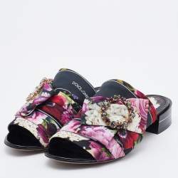 Pre Owned Dolce & Gabbana Multicolor Floral Print Fabric Embellished Slide Sandals Size 36
