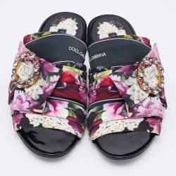 Pre Owned Dolce & Gabbana Multicolor Floral Print Fabric Embellished Slide Sandals Size 36