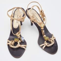 Pre Owned Dolce & Gabbana Gold Leather Crystal Embellished T Strap Sandals Size 37