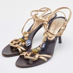 Pre Owned Dolce & Gabbana Gold Leather Crystal Embellished T Strap Sandals Size 37