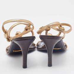Pre Owned Dolce & Gabbana Gold Leather Crystal Embellished T Strap Sandals Size 37