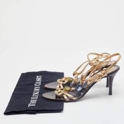 Pre Owned Dolce & Gabbana Gold Leather Crystal Embellished T Strap Sandals Size 37