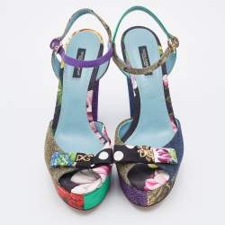 Pre Owned Dolce & Gabbana Multicolor Patchwork Fabric Platform Wedge Ankle Strap Sandals Size 39