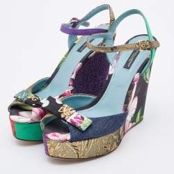 Pre Owned Dolce & Gabbana Multicolor Patchwork Fabric Platform Wedge Ankle Strap Sandals Size 39