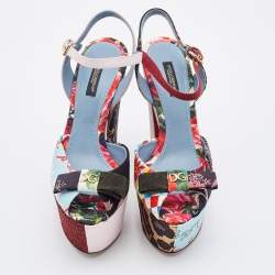 Dolce & Gabbana Multicolor Patchwork Fabric Platform Ankle Strap Block Heel Sandals Size 38.5