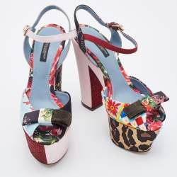 Dolce & Gabbana Multicolor Patchwork Fabric Platform Ankle Strap Block Heel Sandals Size 38.5