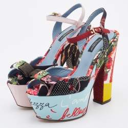 Dolce & Gabbana Multicolor Patchwork Fabric Platform Ankle Strap Block Heel Sandals Size 38.5