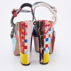 Dolce & Gabbana Multicolor Patchwork Fabric Platform Ankle Strap Block Heel Sandals Size 38.5
