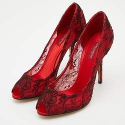 Pre Owned Dolce & Gabbana Red/Black Satin and Lace Peep Toe Pumps Size 38.5