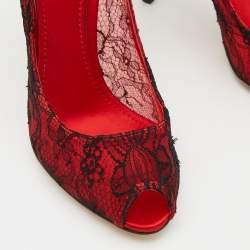 Pre Owned Dolce & Gabbana Red/Black Satin and Lace Peep Toe Pumps Size 38.5