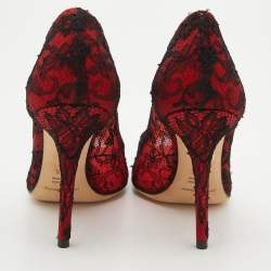Pre Owned Dolce & Gabbana Red/Black Satin and Lace Peep Toe Pumps Size 38.5