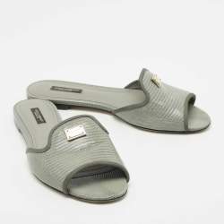 Dolce & Gabbana Grey Lizard Embossed Leather Sofia Slide Flats Size 39