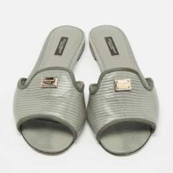 Dolce & Gabbana Grey Lizard Embossed Leather Sofia Slide Flats Size 39