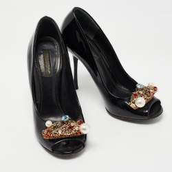 Dolce & Gabbana Black Patent Leather Crystal Embellished Peep Toe Pumps Size 37