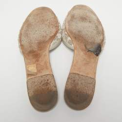 Pre Owned Dolce & Gabbana Light Grey Satin and Lace Crystal Embellished Flat Slides Size 40