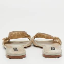 Pre Owned Dolce & Gabbana Light Grey Satin and Lace Crystal Embellished Flat Slides Size 40