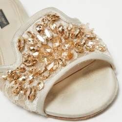 Pre Owned Dolce & Gabbana Light Grey Satin and Lace Crystal Embellished Flat Slides Size 40