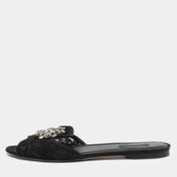 Pre Owned Dolce & Gabbana Black Lace Crystal Embellished Flat Slides Size 40.5