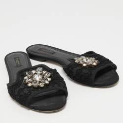 Pre Owned Dolce & Gabbana Black Lace Crystal Embellished Flat Slides Size 40.5