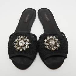 Pre Owned Dolce & Gabbana Black Lace Crystal Embellished Flat Slides Size 40.5