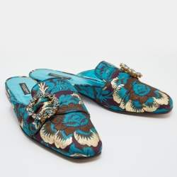 Pre Owned Dolce & Gabbana Blue/Brown Brocade Fabric Crystal Embellished Flat Mules Size 38.5