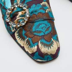 Pre Owned Dolce & Gabbana Blue/Brown Brocade Fabric Crystal Embellished Flat Mules Size 38.5
