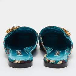 Pre Owned Dolce & Gabbana Blue/Brown Brocade Fabric Crystal Embellished Flat Mules Size 38.5