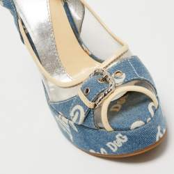 Pre Owned Dolce & Gabbana Blue Logo Print Denim and PVC Wedge Slingback Sandals Size 40