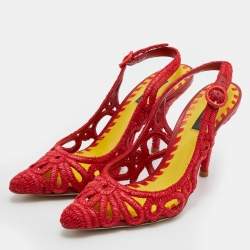 Pre Owned Dolce & Gabbana Red Woven Raffia Slingback Pumps Size 38