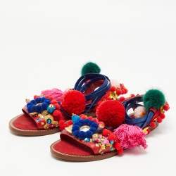 Pre Owned Dolce & Gabbana Multicolor Leather Pom Pom and Embellished Ankle Tie Flat Sandals Size 40