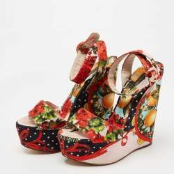 Pre Owned Dolce & Gabbana Multicolor Brocade Fabric  Wedge Platform Ankle Strap Sandals Size 38.5