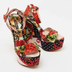Pre Owned Dolce & Gabbana Multicolor Brocade Fabric  Wedge Platform Ankle Strap Sandals Size 38.5