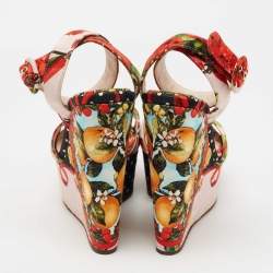 Pre Owned Dolce & Gabbana Multicolor Brocade Fabric  Wedge Platform Ankle Strap Sandals Size 38.5