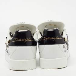 Pre Owned Dolce & Gabbana White/Black Leather Studded and Applique Portofino Low Top Sneakers Size 39.5