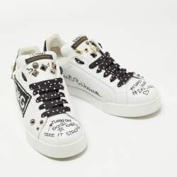 Pre Owned Dolce & Gabbana White/Black Leather Studded and Applique Portofino Low Top Sneakers Size 39.5