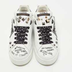 Pre Owned Dolce & Gabbana White/Black Leather Studded and Applique Portofino Low Top Sneakers Size 39.5
