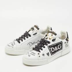 Pre Owned Dolce & Gabbana White/Black Leather Studded and Applique Portofino Low Top Sneakers Size 39.5