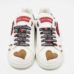 Pre Owned Dolce & Gabbana White Leather Portofino Heart Low Top Sneakers Size 39.5