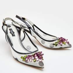 Pre Owned Dolce & Gabbana Black/White Mesh and Patent Leather Embellished Slingback Pumps Size 38