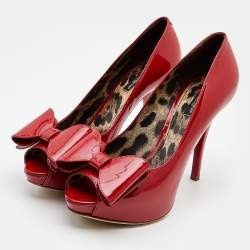 Pre Owned Dolce & Gabbana Red Patent Leather Bow Peep Toe Platform Pumps Size 39