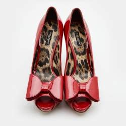 Pre Owned Dolce & Gabbana Red Patent Leather Bow Peep Toe Platform Pumps Size 39