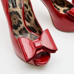 Pre Owned Dolce & Gabbana Red Patent Leather Bow Peep Toe Platform Pumps Size 39