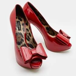Pre Owned Dolce & Gabbana Red Patent Leather Bow Peep Toe Platform Pumps Size 39
